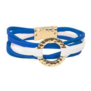 Blue and White Hammered Circle & Suede Bracelet